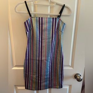 Metallic body-con striped mini dress.